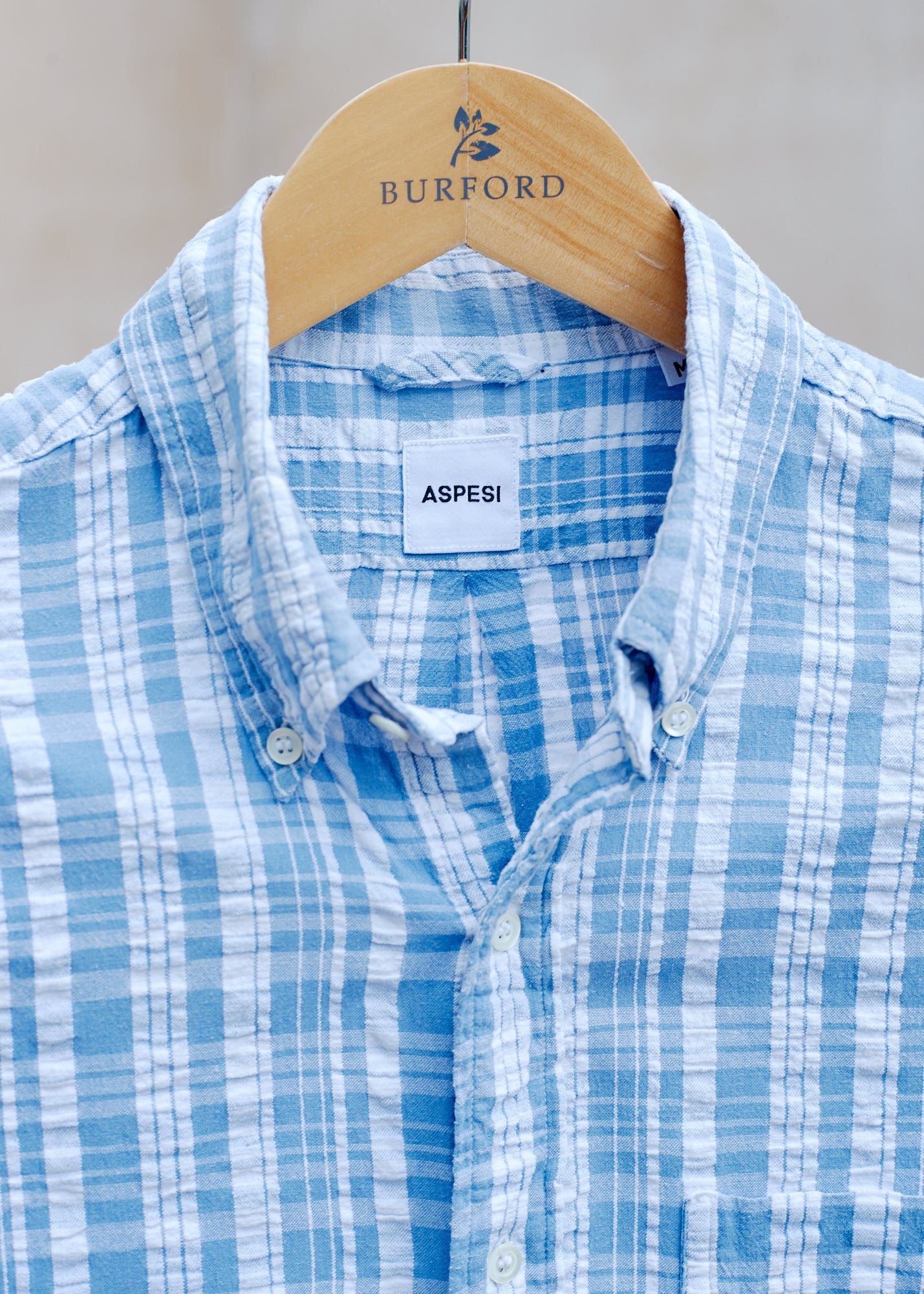 Aspesi Blue & White Check Seersucker Shirt - M