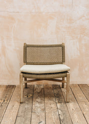 Fiona Teak Easy Chair in Natural Grey and Sand Wicker with Bouclé Cushion