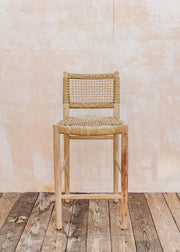 Mieke Teak Bar Chair in Natural Grey and Sand Wicker with Bouclé Cushion